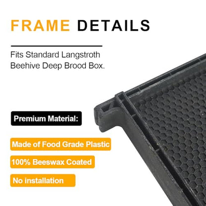 10 Pack Plastic Beekeeping Frames with Beeswax-Coated Foundation, All-in-One Deep Beehive Frames for Langstroth Hive Brood Boxes, for Backyard or Apiary Commercial Beekeepers, Black, 9-1/8 Inches - size: 10 Pack