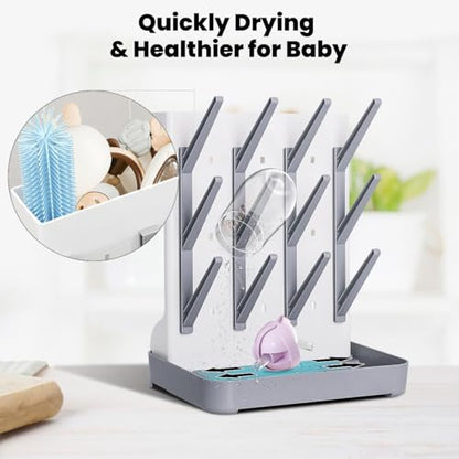 Baby Bottle Drying Rack: Vertical Space Saving Large Bottles Holder - Standing Boon Dryer Rack Baby Accessory - Countertop Holds Up to 12 Bottles & Pump Part Cleaning & Cup (Blue) (Gray) - color: Gray