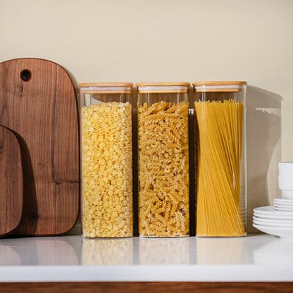 D2scrma 71oz Glass Square Storage Containers with Bamboo Lids Set of 3 (2100ml) Tall Food Storage Canisters Kitchen Jars for Pantry Organization Pasta, Penne, Macaroni, Lasagna, Fusilli - size: 71oz*3