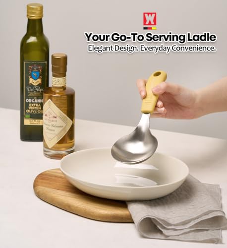 Short Stainless Steel Ladle 220mm (8.6”) – SUS304 Thick Deep Bowl Head with Soft-Grip Silicone Handle – Lightweight Mini Soup & Serving Spoon for Cooking – 5 Color Options (Yellow) - color: Yellow