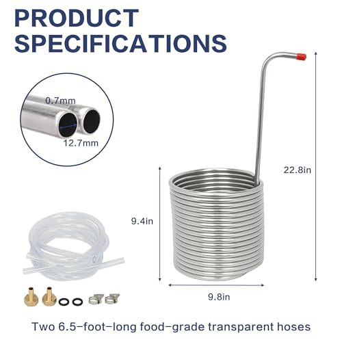1/2" X 50Ft 304 Wort Chiller, Food Grade Stainless Steel Immersion Chiller Coil with 2X 6.5Ft Transparent Pipes, Home Water Chiller for Ice Bath Beer Brewing Water Cooler Equipment