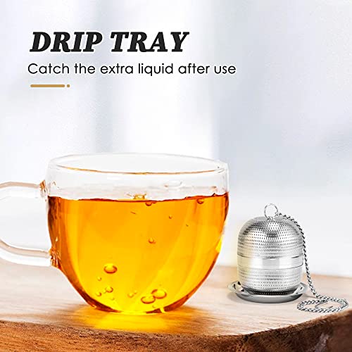 Yoassi 2 Pack Tea Infusers for Loose Tea, Extra Fine Mesh 18/8 Stainless Steel Tea Strainers, Loose Leaf Tea Steeper Tea Ball Tea Diffuser Tea Holder with Extended Chain Hook and Drip Tray - size: Round 2 Pack