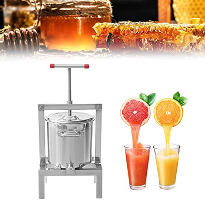 DIY Large Fruit Honey Presser and Cider, Wine, Grape, Apple Press extractor, 10L Freestanding Stainless Steel fruit Manual Presser with Leakage plate for Wine and Juice Making