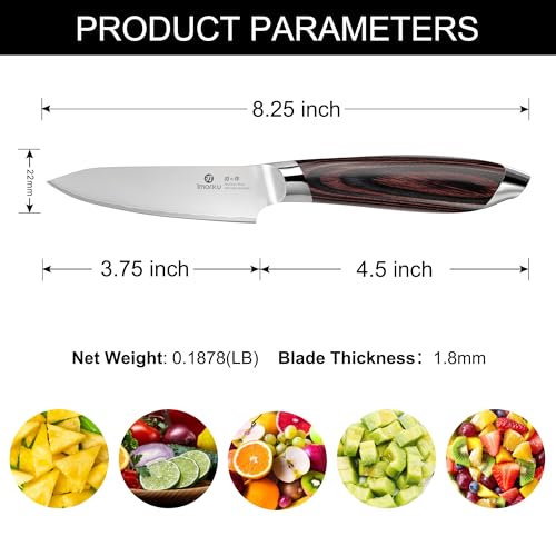imarku Paring Knife 3.75 Inch, Japanese High Carbon Stainless Steel Fruit Knife, Ultra Sharp Small Kitchen Knife for Peeling Fruits Cutting Veggies, Ergonomic Pakkawood Handle - color: reddish-brown
