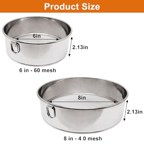 Flour Sifter for Baking 2 Pack, Round Flour Sifter Stainless Steel 6 Inch 60 Mesh and 8 Inch 40 Mesh Sieve Fine Meshs Flours Sieve Set for Baking Cake Bread Pastries - size: 6in 60 Mesh & 8in 40 Mesh