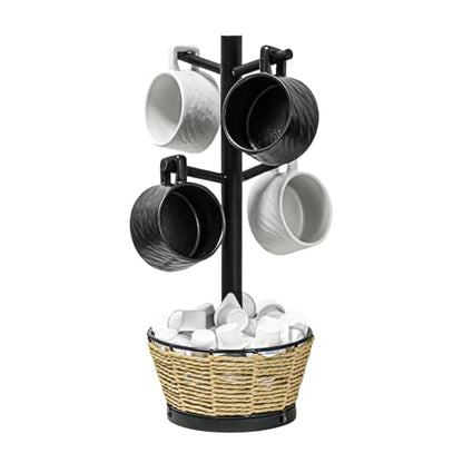 Wood Mug Holder Tree With Woven Basket, 4 Hooks Coffee Mug Holder, Countertop Mug Tree For Kitchen Counter Cabinet Coffee Bar Accessories Cup Display Organizer Hanger(Black) - color: Black