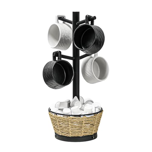 Wood Mug Holder Tree With Woven Basket, 4 Hooks Coffee Mug Holder, Countertop Mug Tree For Kitchen Counter Cabinet Coffee Bar Accessories Cup Display Organizer Hanger(Black) - color: Black