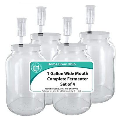 Home Brew Ohio One Gallon Glass Complete Wide Mouth Fermenter Set of 4