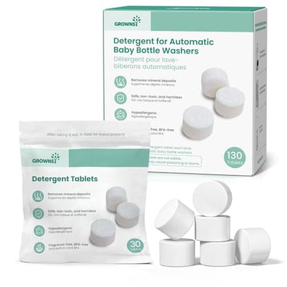 GROWNSY Bottle Washer Detergent Tablets, 130 Count, Deep Cleaning, Compatible with All Brands of Baby Bottle Washers, Removes Milk Residue, Grease & Odor from Bottles and Pump Parts - size: 1 Count (Pack of 130)