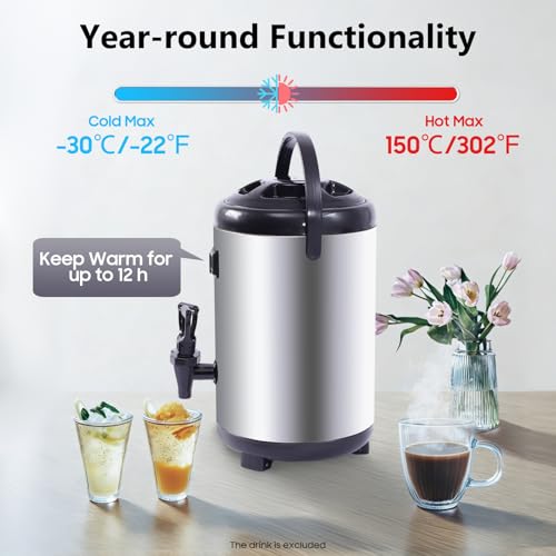Stainless Steel Insulated Beverage Dispenser, 1.7Gal Thermal Carafe with Spigot for Hot Coffee & Cold Juice, 12-Hour Heat Retention Drink Dispenser for Party Wedding Cafe, Silver - size: 1.7Gal