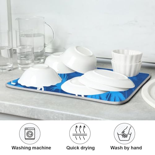Flamingo Palm Trees Blue Dish Drying Mat for Kitchen Counter Super Absorbent Draining Mat with Non-slip Backed Dishwashing Mat for Dish Bottles Cups Bowl Countertops Sinks Draining Racks