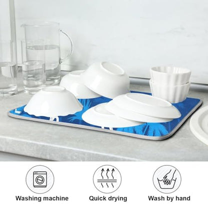 Flamingo Palm Trees Blue Dish Drying Mat for Kitchen Counter Super Absorbent Draining Mat with Non-slip Backed Dishwashing Mat for Dish Bottles Cups Bowl Countertops Sinks Draining Racks