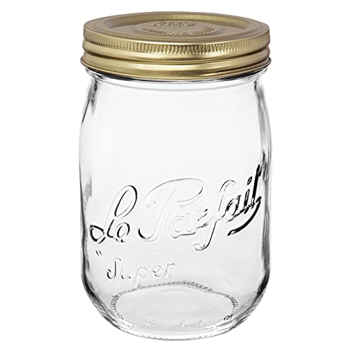 Le Parfait Eco-Friendly Zero Waste Wide Mouth Glass Jar with Airtight Screw Top Lid – Reusable French Storage Jar for Food, Soup, Flour, Sugar, Canning & Baking (1L/32oz, 1 Pack, Gold 2-Piece Lid) - color: 1L-Gold (Single)