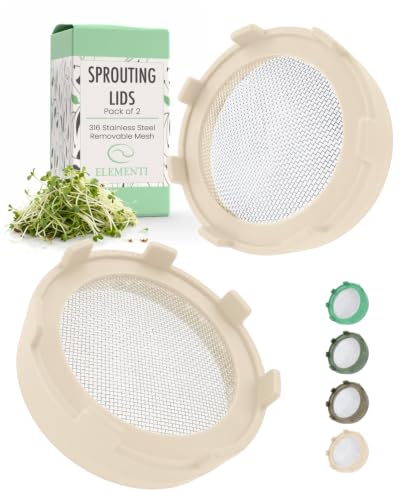 Elementi Sprouts Growing Kit for Wide Mouth Mason Jars, Set of 2 Sprouting Lids for Organic Alfalfa & Mung Bean Sprouts Grow Kit, 316 Stainless Steel Mesh Screen Strainer Lid (Sage Green) - color: Oat Cream
