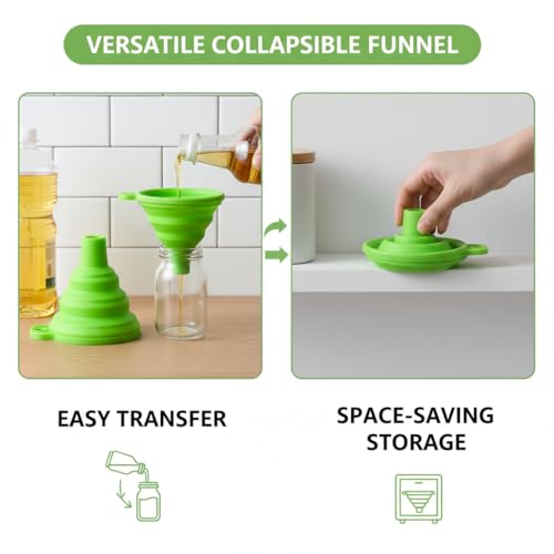 4 Pack Silicone Collapsible Kitchen Funnel for Water Beer Oil Filling Bottles ，Foldable Silicone Funnel Set – Collapsible Small & Large Funnels, Water Bottles & Liquid Transfer – Food Grade（Green） - color: green
