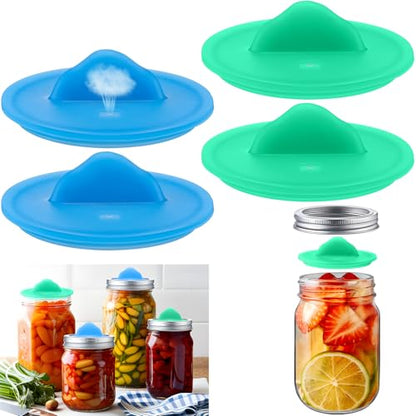 4 Pack Mason Jar Silicone Fermentation Lids for 3" Wide Mouth Jars Waterless Airlock Fermentation Mason Jar Lid Fermenter Caps for Pickles, Kimchi, Fermented Probiotic Food (Blue,Green) - color: Blue, Green