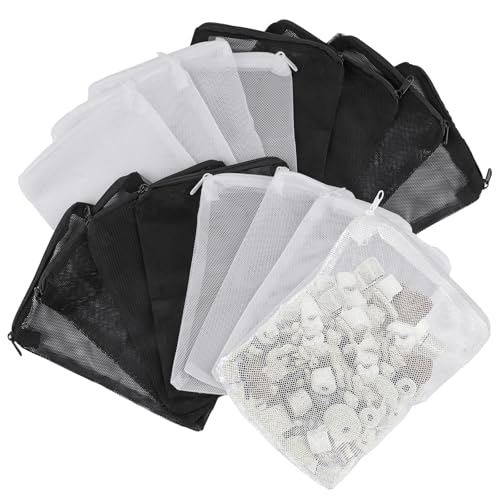 16 Pcs Aquarium Filter Media Bags Extra Fine, 7.8 x 5.9 Inch Filter Media Bag with Zipper, White & Black Aquarium Mesh Bag for Fish Tank Activated Carbon, Ceramic Rings