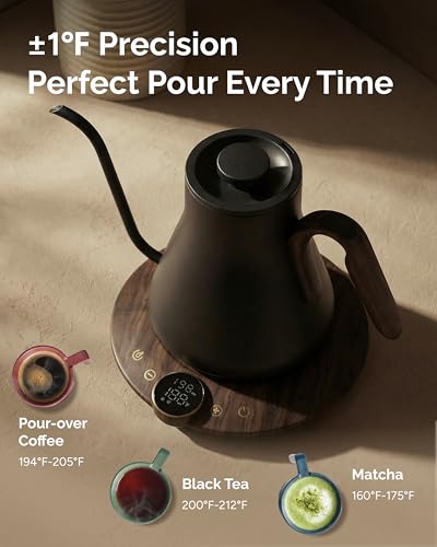 INTASTING Gooseneck Electric Kettle, ±1℉ Temperature Control, Stainless Steel Inner, Quick Heating, for Pour Over Coffee, Brew Tea, Boil Hot Water, 1500W/0.9L (Glossy Black) - color: Glossy Black