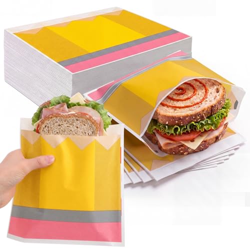 Epakh 200 Pack Paper Sandwich Bags Pencil Design 8 × 8 Inch Happy Food Storage Recyclable Grease Resistant Disposable Snack Bags for Family Home Use - style: Pencil