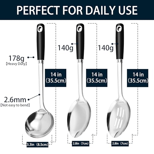 14-in Cooking Spoons Set, Heavy Duty 18/0 Stainless Steel Large Serving Spoons Set, Slotted Spoon, Cooking Spoon & Soup Ladle, Commercial and Residential Use, Pack of 3 - size: Cooking Spoons