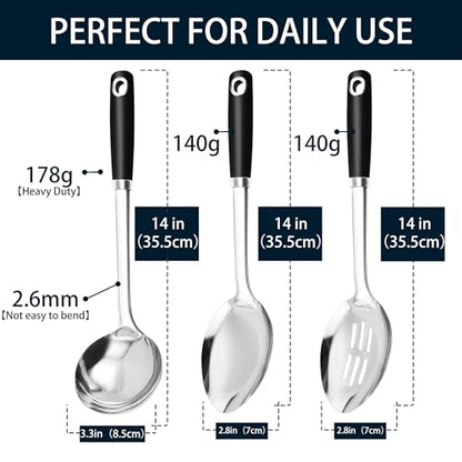 14-in Cooking Spoons Set, Heavy Duty 18/0 Stainless Steel Large Serving Spoons Set, Slotted Spoon, Cooking Spoon & Soup Ladle, Commercial and Residential Use, Pack of 3 - size: Cooking Spoons