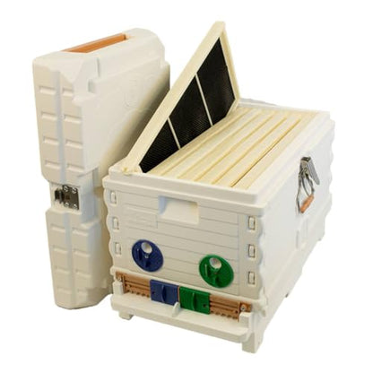 Apimaye Insulated 7 Frame Langstroth Nucleus Assembled Bee Hive Set with Built in Screened Bottom Board, Entrance Reducers and Top Feeders (White) [Plastic PRO Frames and Premier Foundations]