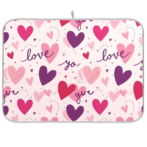 Dish Drying Mat for Kitchen Counter Cute Hearts Pink Purple Absorbent Drying Dish Mat 16×18 inch Dish Rack Pad Coffee Mat for Sink Dishes Under Rack - color: multicolored.1, size: 16x18in