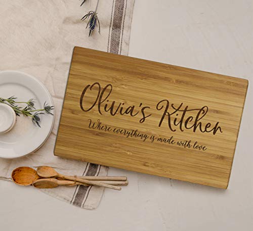 Andaz Press Personalized Large Bamboo Wood Cutting Board Gift, 17.75 x 11-inch, Rustic Laurels, Olivia's Kitchen, Where Everything is Made With Love, 1-Pack, Custom - color: Custom Name