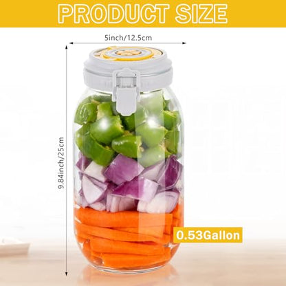 2 Pack Fermentation Jar with Automatic Venting & Date Marker - 2L Airtight Glass Storage Jar for Pickles, Kimchi, Jams, Dry Goods, Leak-Proof Food Container (0.53 US Gal / 67.6 US fl oz)