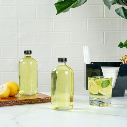 Restaurantware Vetri 16 Ounce Boston Glass Bottles, 12 Bottles With Black Phenolic Caps - Dishwashable, Round, Clear Glass Bottle, For Secondary Kombucha Fermentation, Homemade Essential Oils - color: Clear, size: 16 Ounces