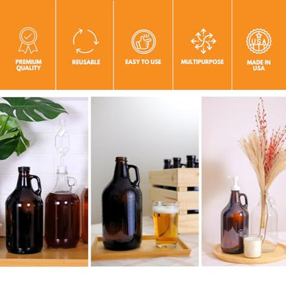 FastRack 64oz Amber Glass Growlers with Polyseal Caps (2 Pack) | Half Gallon (1/2 Gallon) Beer Growler Jugs for Home Brewing, Wine, Cider & Kombucha – Reusable Amber Glass Jugs for Beverage Storage - size: 2 Pack