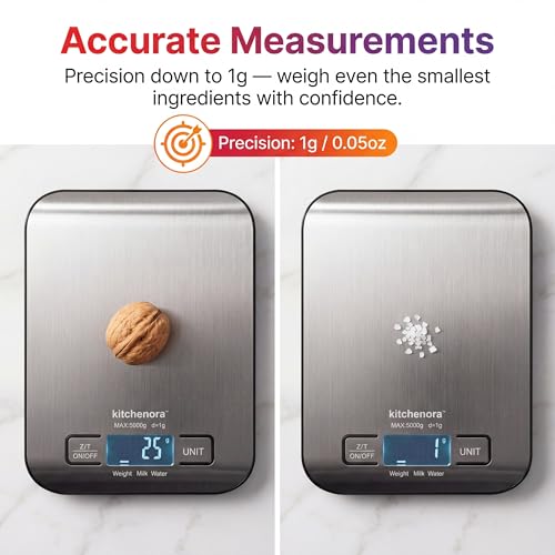 Digital Food Kitchen Scale, 11lb/5kg Capacity with 1g Precision, 5 Units (g/oz/lb:oz/ml/fl'oz), 304 Stainless Steel Surface, Backlit LCD, Tare Function for Cooking, Baking, Keto & Meal Prep
