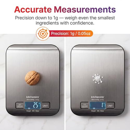 Digital Food Kitchen Scale, 11lb/5kg Capacity with 1g Precision, 5 Units (g/oz/lb:oz/ml/fl'oz), 304 Stainless Steel Surface, Backlit LCD, Tare Function for Cooking, Baking, Keto & Meal Prep
