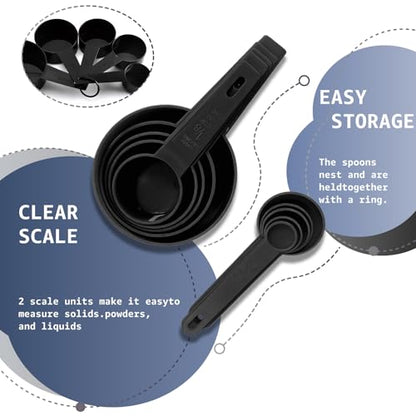 Inmorven 10pcs Measuring Cups and Spoons Set, BPA-Free Plastic Kitchen Baking Tools with Engraved Markings, Stackable Design for Dry & Liquid Ingredients (Black) - color: Black