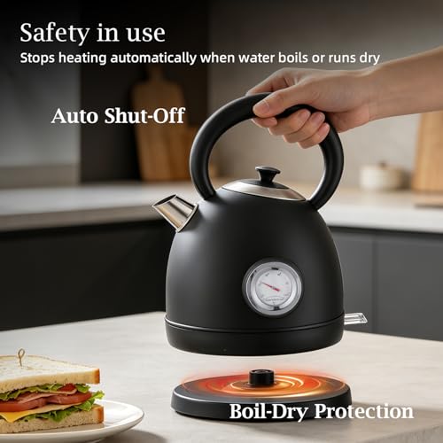 1.7L(57oz) Retro Electric Water Kettle, 1500W 304 Stainless Steel Temperature Control Tea Pot, Cordless LED, Built-in Thermometer, Auto Shut-Off & Boil Dry Protection - color: Black