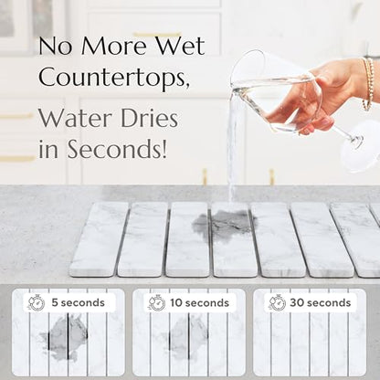 CHROME CLUB Stone Drying Mat for Kitchen Counter - Collapsible Diatomaceous Earth Dish Drying Stone - Fast Absorbent Stone Dish Drying Mat for Dishes and Pots (White Marble)