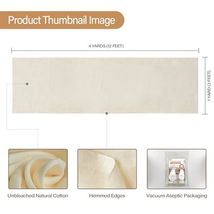 eFond Cheesecloth, 36 Square Feet Grade 100 Cheese Cloths for Straining Reusable, Washable, Lint Free and Ultra Fine Mesh Unbleached Pure Cotton Cheese Cloth Table Runner with Hemmed 2 Edges (4 Yards) - size: 144x36Inch Squares