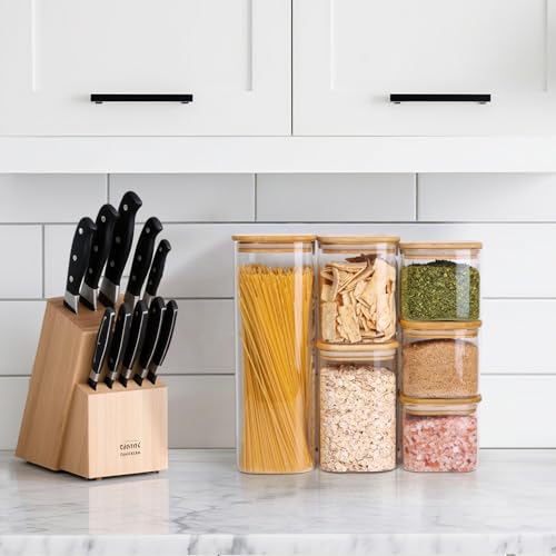 ComSaf Glass Spaghetti Pasta Storage Containers with Lids 2.2 Qt Set of 3, Tall Clear Airtight Food Storage Jar with Lid for Noodles Flour Oat Cereal Sugar Beans, Square Spaghetti Pantry Containers - size: 2.2Qt*3