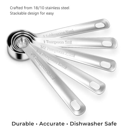 KEAWELL Premium 10-Piece 18/10 Stainless Steel Measuring Cups ans Spoons Set – Durable, Stackable, Dishwasher Safe – Nesting Design for Baking & Cooking (Silver, Measuring Cups & Spoons) - size: Measuring Cups & Spoons