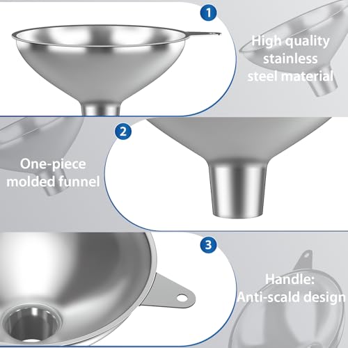 Stainless Steel Funnel with 30 Mesh Filter Food Grade Metal Funnel for Kitchen, Liquids, Oil, Powder, Wide Mouth Bottles, Home Brewing