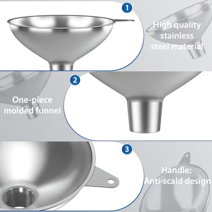 Stainless Steel Funnel with 30 Mesh Filter Food Grade Metal Funnel for Kitchen, Liquids, Oil, Powder, Wide Mouth Bottles, Home Brewing