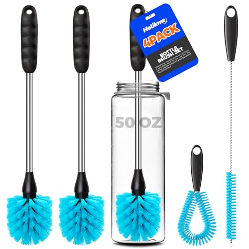 Holikme 4 Pack Bottle Brush Set, 14.5" Long Handle Stainless Steel Bottle Cleaner Brush, Long-Handled 4-in-1 Stainless Steel Bottle Brushes for Water Bottle, Cups, Abrasive Wheel Brushes, Blue - color: Blue
