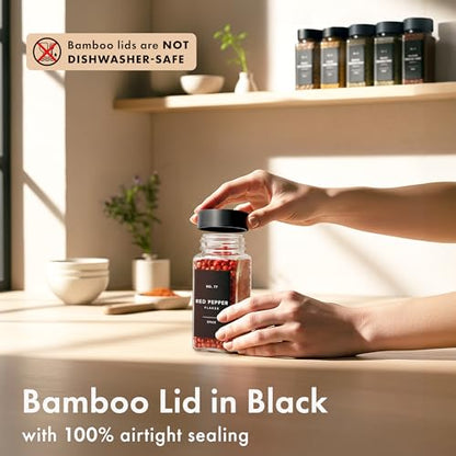 EDELHAUS® Square Spice Jars with Bamboo Wooden Lid (Pack of 24) Spice Jars with Shaker Insert and 240 Labels - Bamboo Lid Glass Container for Spice Organisation [4.3 in × 1.8 in] - color: Black Bamboo Lid