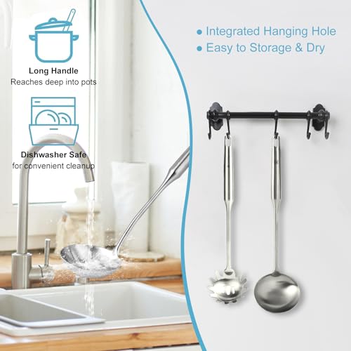 Stainless Steel Soup Ladle and Spaghetti Spoon Set - Large Ladle Spoon, Pasta Strainer, Durable Kitchen Cooking Utensils for Stirring, Serving Pasta, Soup & Sauce，Perfect Gifts - size: Silvery