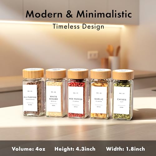 EDELHAUS® Square Spice Jars with Bamboo Wooden Lid (Pack of 24) Spice Jars with Shaker Insert and 240 Labels - Bamboo Lid Glass Container for Spice Organisation [4.3 in × 1.8 in] - color: White Labels