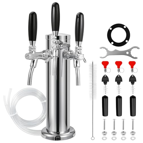 3 Tap Beer Tower Adjustable Flow Control Beer Faucet Three Tap Beer Tower Stainless 3” Triple Tap Beer Tower Dispenser Kegerator Tower Kit with Pre-Assembled Tubing and Self-Closing Springs