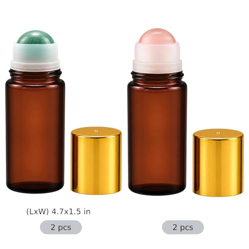Joyibay 4 Pcs 1.7 oz Amber Glass Roller Bottles, Essential Oil Roll-on Bottle with Natural Stone Ball, Portable Container for Perfume, Aromatherapy, DIY Blends