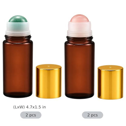 Joyibay 4 Pcs 1.7 oz Amber Glass Roller Bottles, Essential Oil Roll-on Bottle with Natural Stone Ball, Portable Container for Perfume, Aromatherapy, DIY Blends