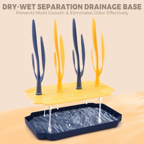 Baby Bottle Drying Rack with Tray – Space Saving Bottle Organizer & Drying Holder for Bottles, Cups, Nipples and Pump Parts – Countertop Rack for Baby Feeding Supplies (Yellow/Blue)
