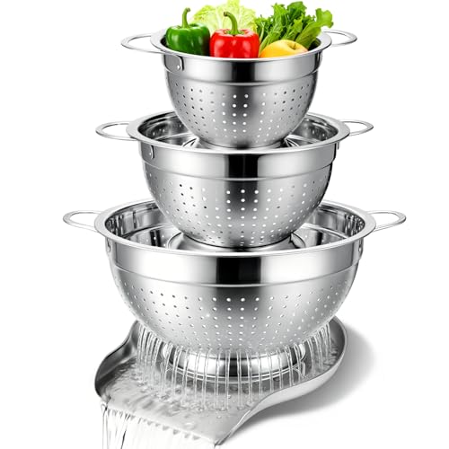 Palksky Stainless Steel Colander Set with Handles & Self-Draining Base, 3 Sizes (7”, 9”, 11”), Heavy Duty Pasta Strainer, Rice & Vegetable Strainer, Countertop Draining System - color: 3 Sizes Colander Set with Handles & Self-Draining Base